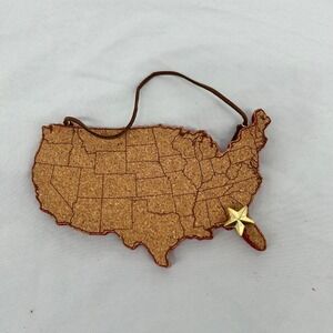 United States Cork Map Christmas Ornament W/ Red Trim & Cold Star 5.5 x 3.5 NWOT